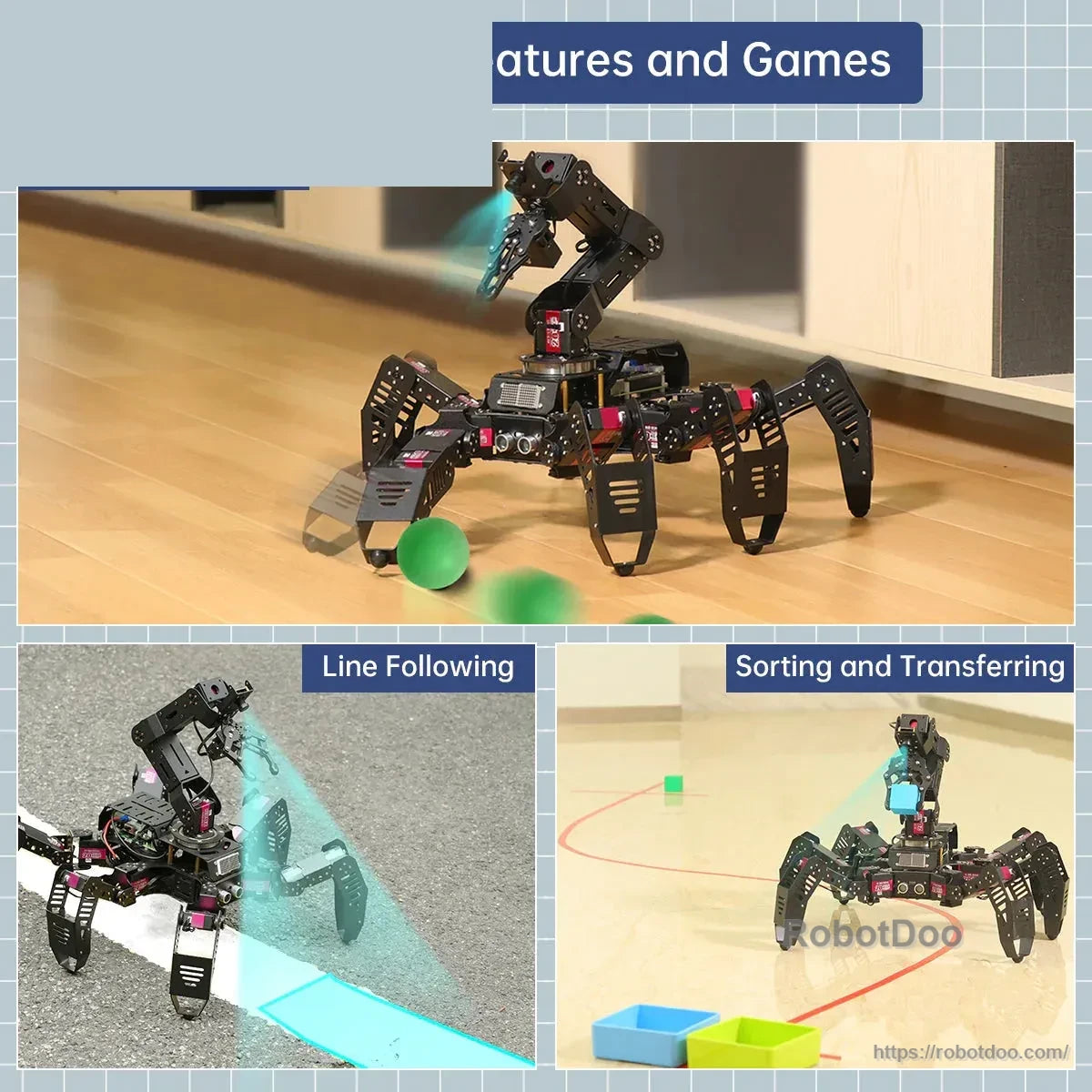 Hexapod robot demonstrations for ball play, line following, sorting, and transferring blocks