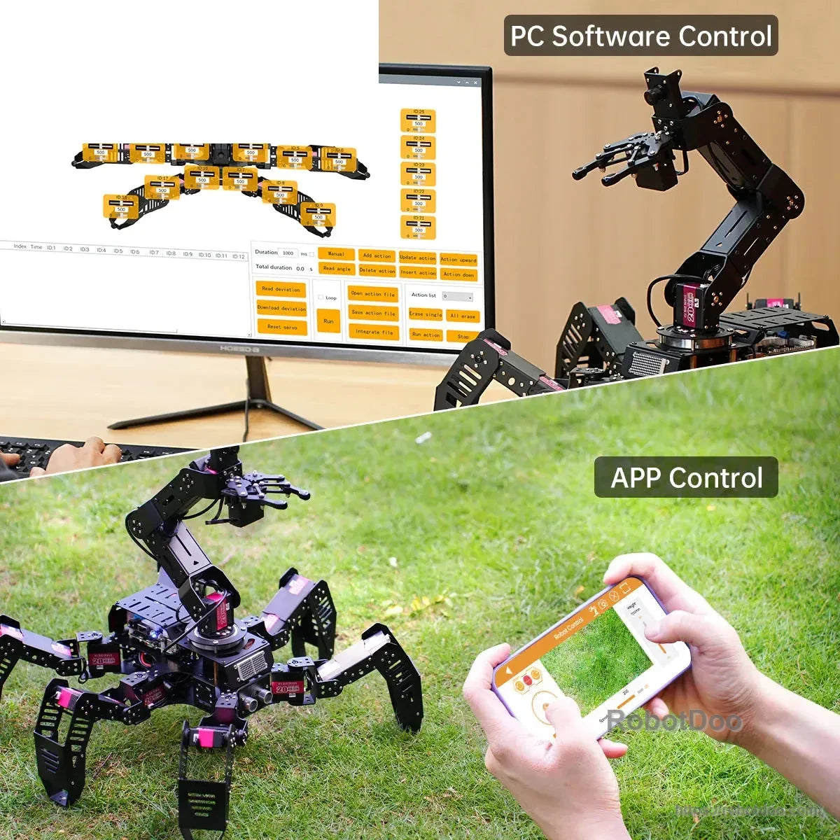 Hexapod robot controlled through PC software and a mobile app