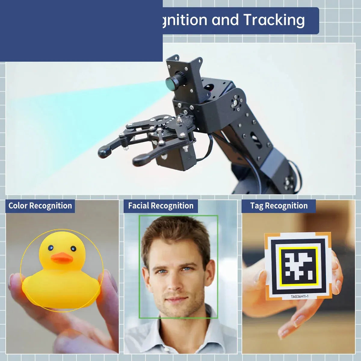 5DOF robot arm with camera shown for color, facial, and tag recognition tracking