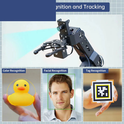 5DOF robot arm with camera shown for color, facial, and tag recognition tracking