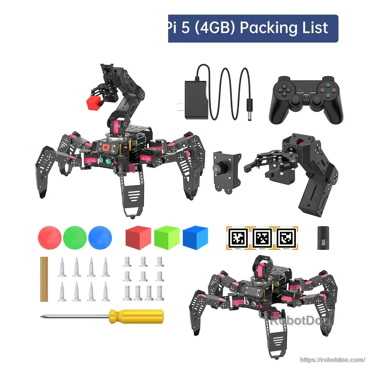 Hiwonder SpiderPi Pro Hexapod Robot packing list with controller, charger, arm parts, and accessories