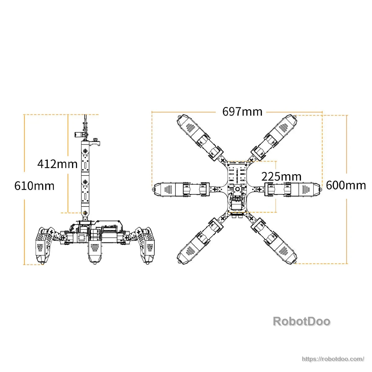 Hexapod robot dimension drawing showing 697 mm length, 600 mm width, and 610 mm height