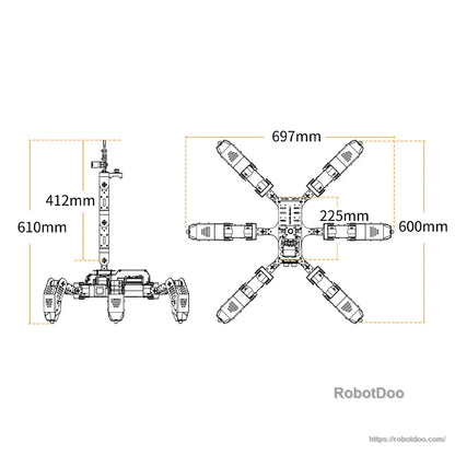 Hexapod robot dimension drawing showing 697 mm length, 600 mm width, and 610 mm height