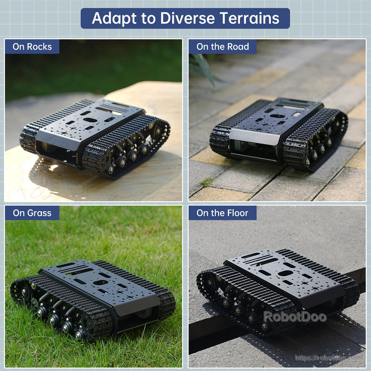 Tracked chassis use cases on rocks, road, grass, and floor terrain comparison photos
