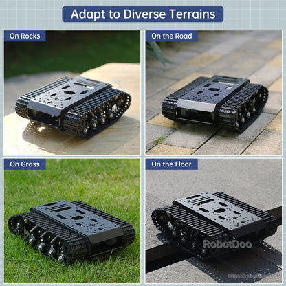 Tracked chassis use cases on rocks, road, grass, and floor terrain comparison photos