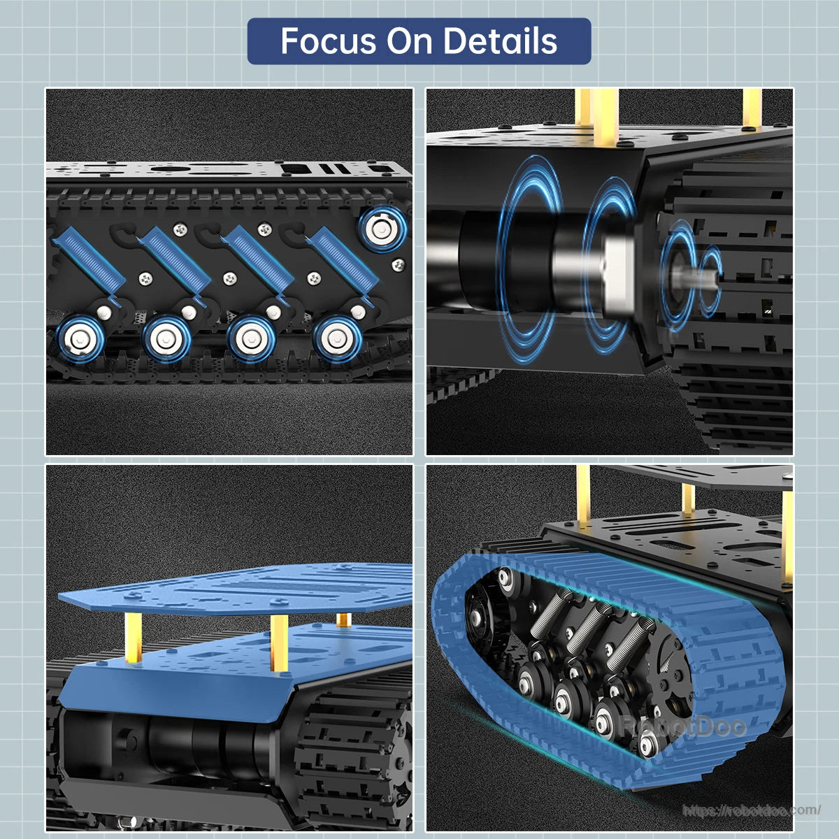 Detail collage of track suspension arms, drive shaft, double-layer plates, and track assembly