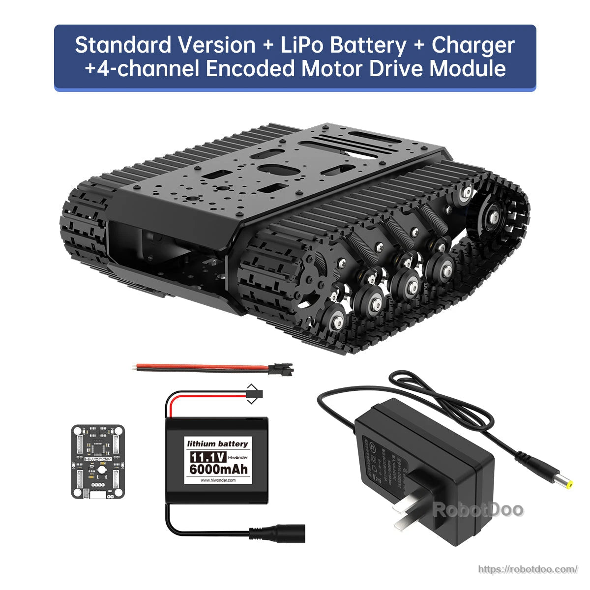 Standard chassis kit with LiPo battery, charger, cables, and 4-channel encoded motor drive module
