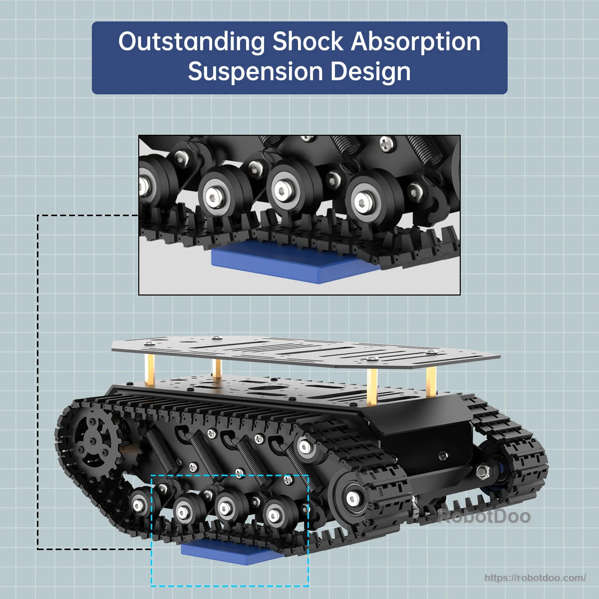 Suspension shock absorption design graphic for Hiwonder tracked chassis with rocker wheels