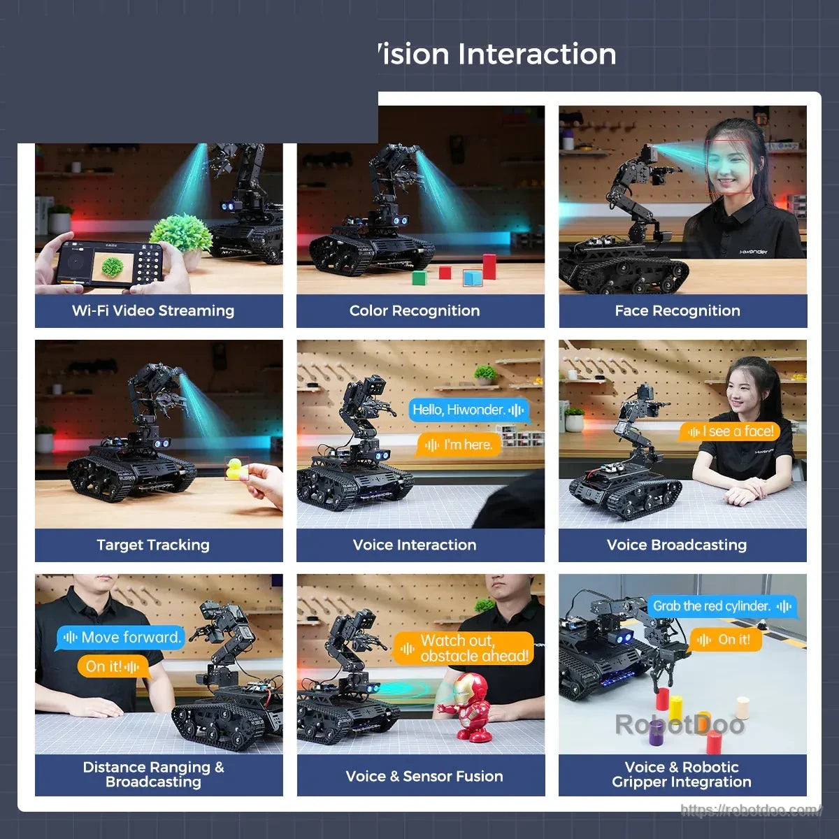 Vision interaction graphic showing Wi-Fi video, color and face recognition, tracking and voice control
