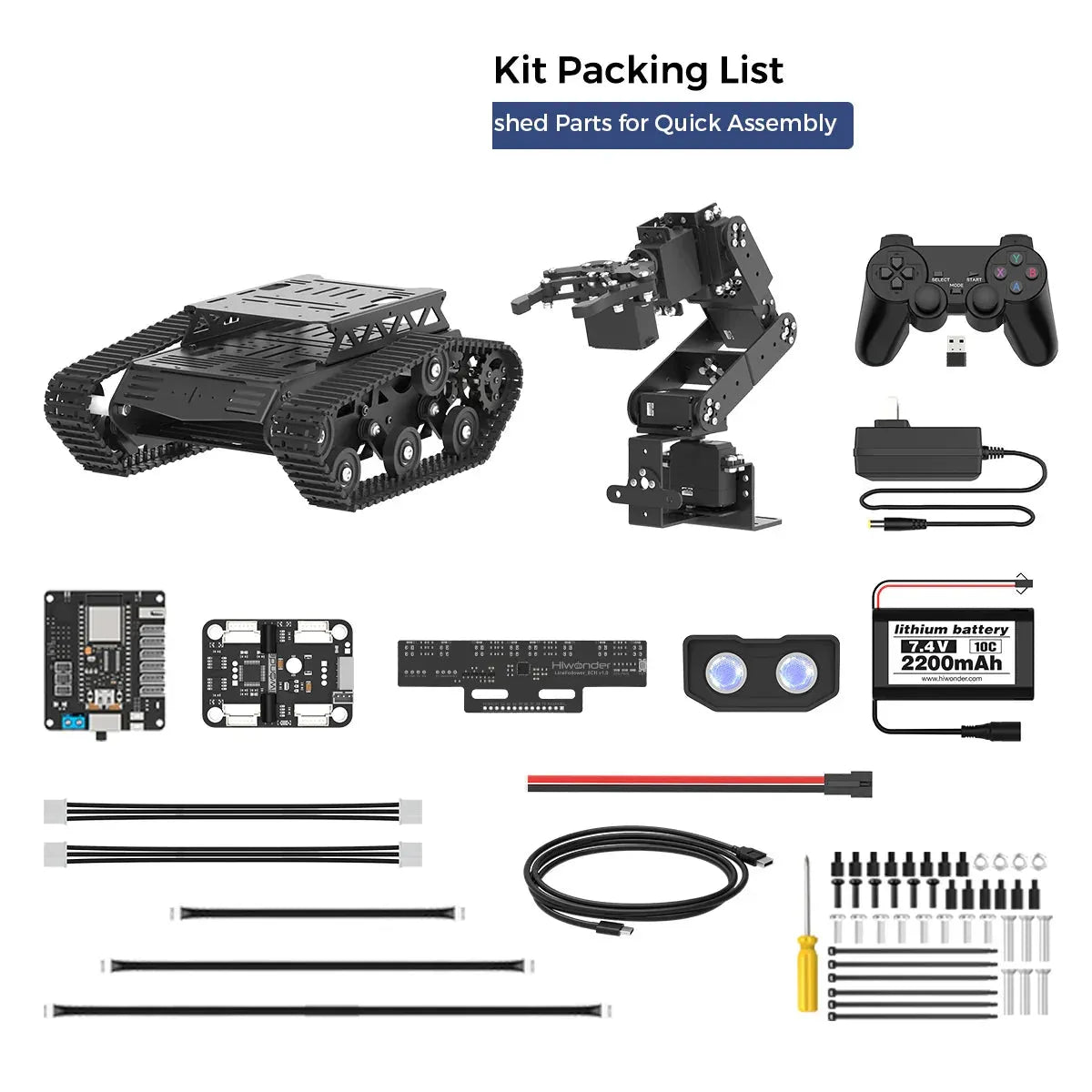 Tankbot kit packing list with tracked vehicle, robotic arm, controller, battery, cables and tools