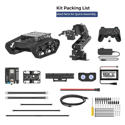 Tankbot kit packing list with tracked vehicle, robotic arm, controller, battery, cables and tools