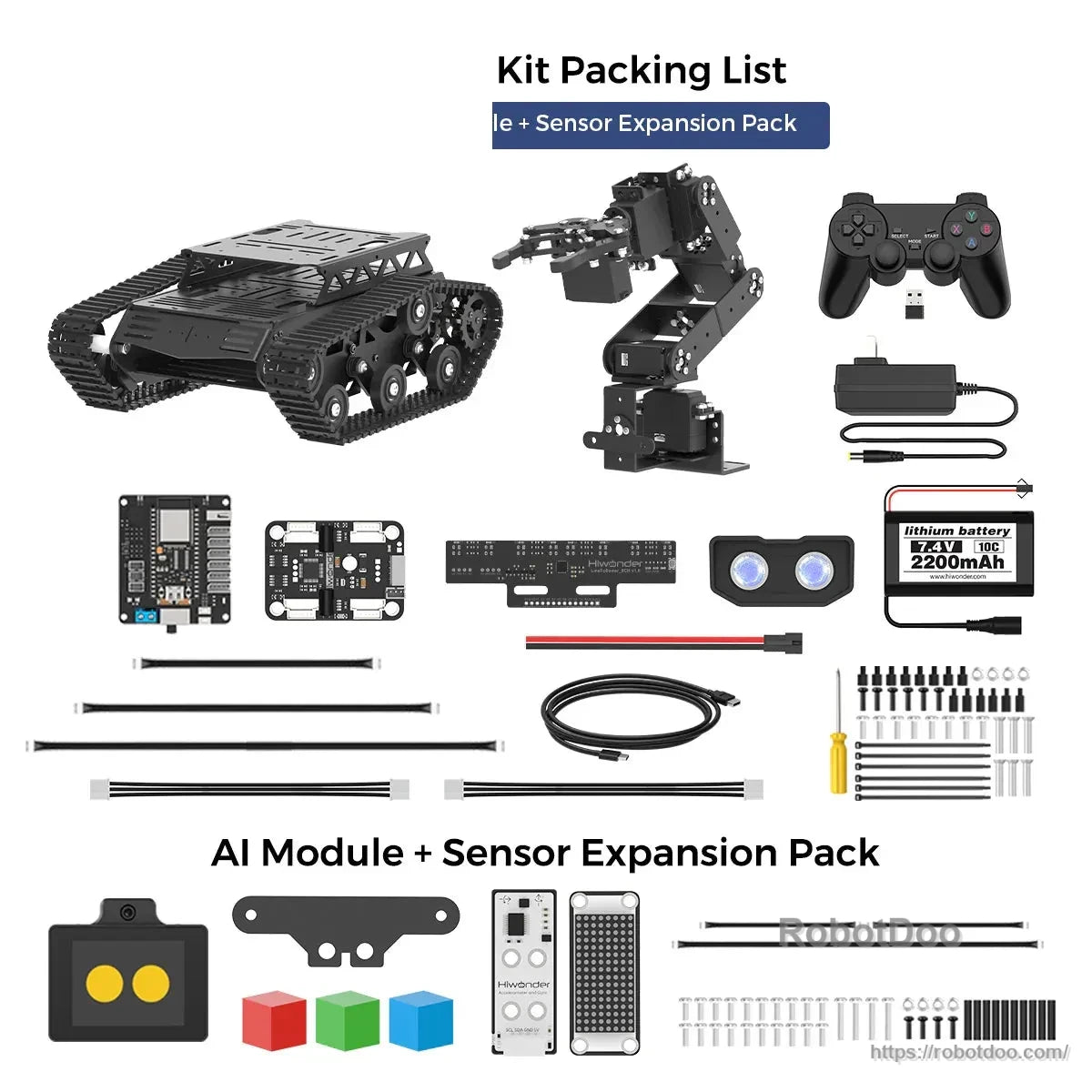 Tankbot kit packing list with vehicle, robotic arm, controller, battery and sensor expansion components