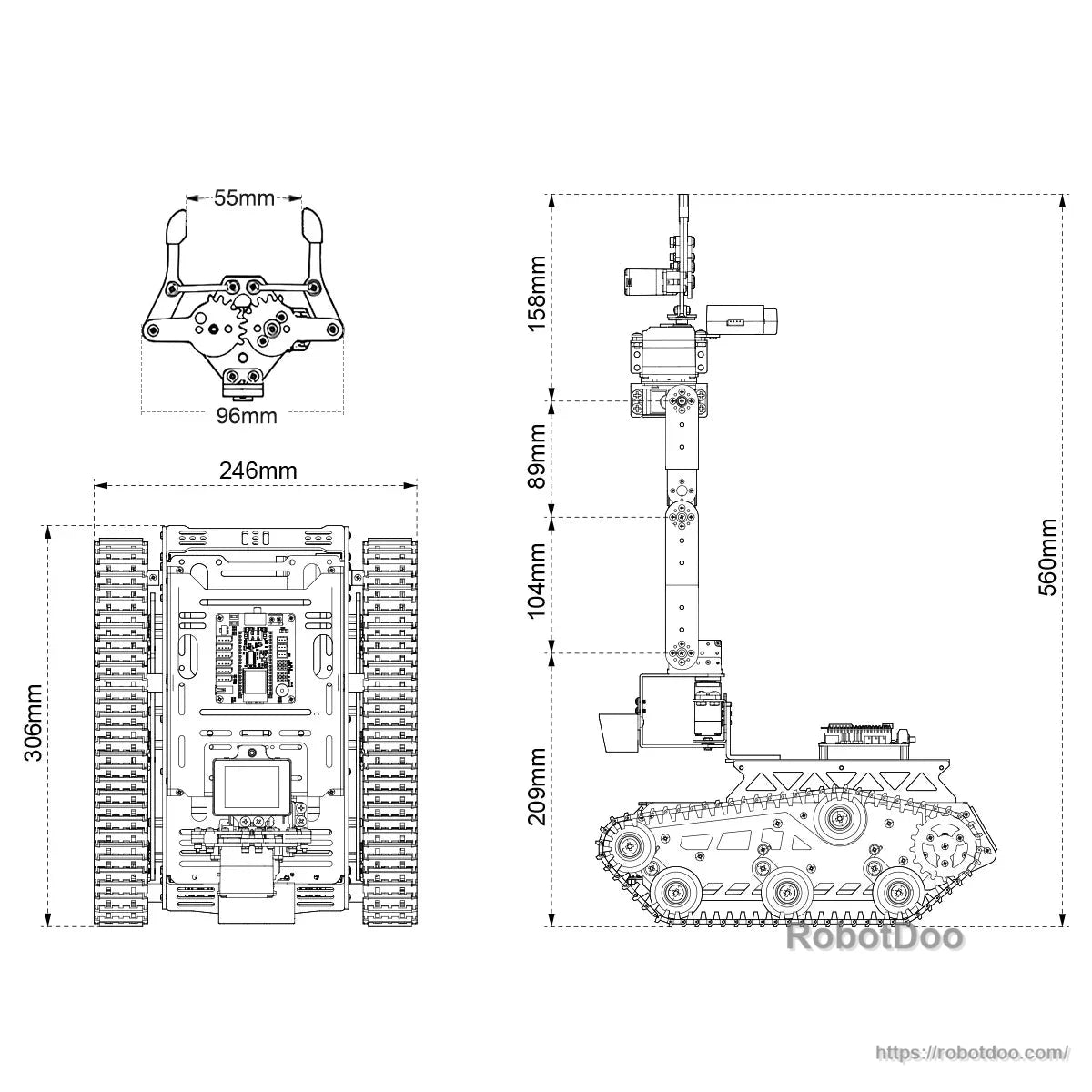 Tank robot dimension drawing showing top, side and gripper measurements