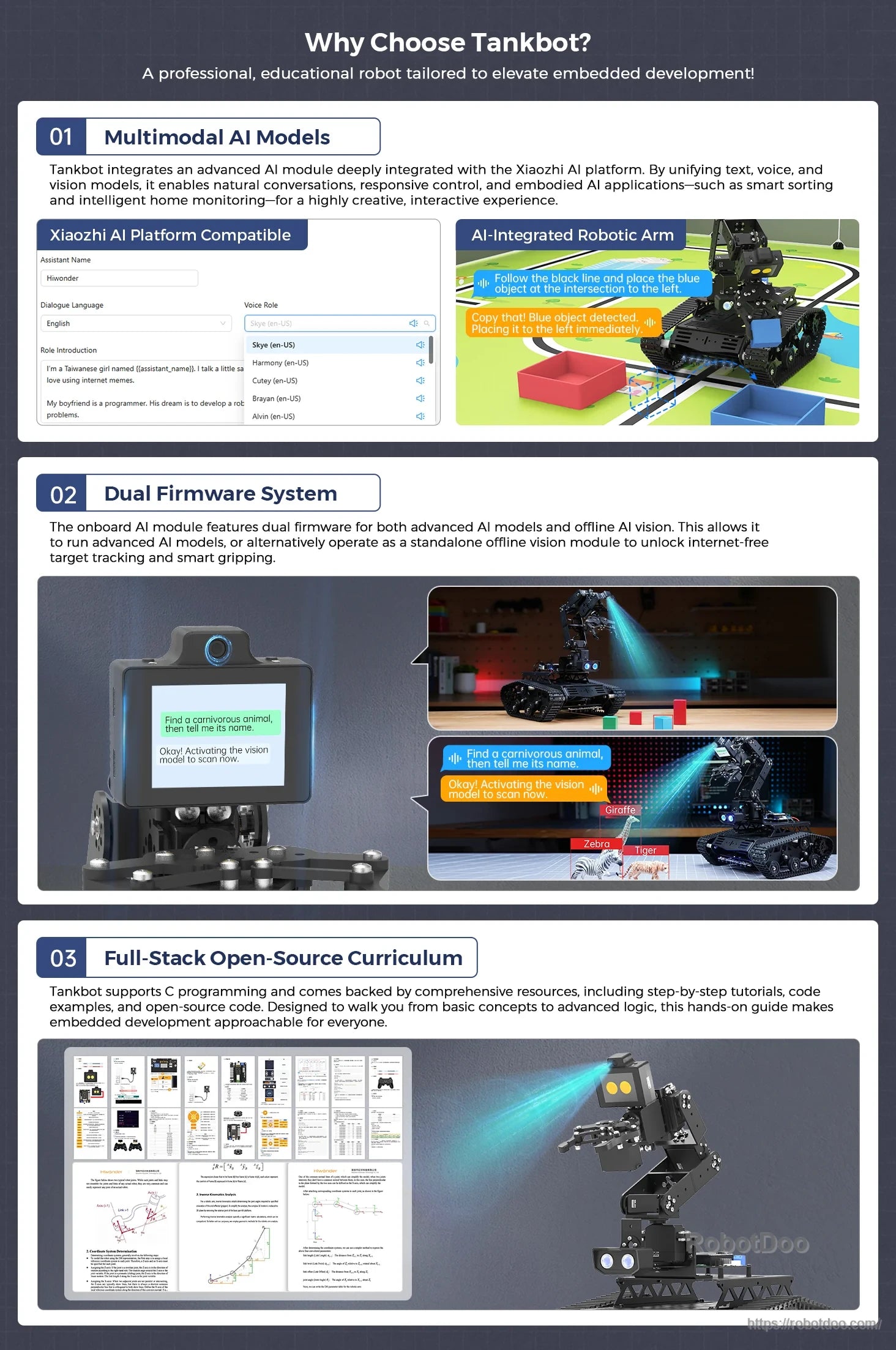 Tankbot multimodal AI models, dual firmware system, and open-source curriculum overview