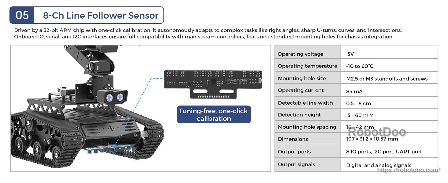 Hiwonder Tankbot ESP32-S3 AI tank robot with tracked chassis, camera module, and 8-channel line follower sensor
