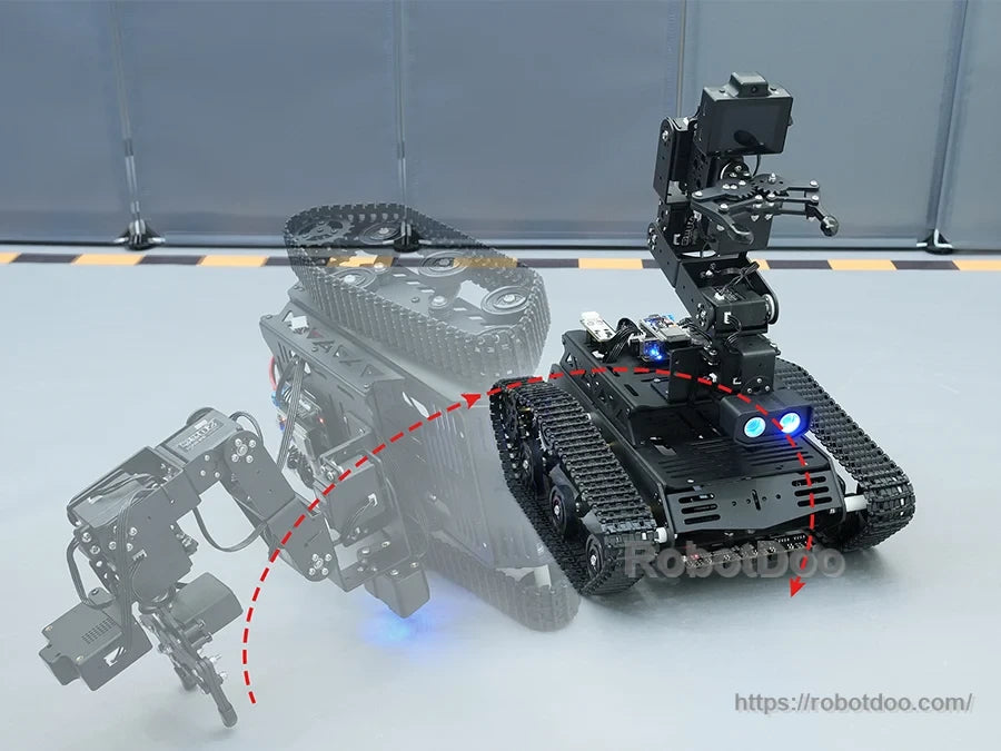 Hiwonder Tankbot ESP32-S3 AI tracked robot with black tank chassis, robotic arm and blue LED front lights
