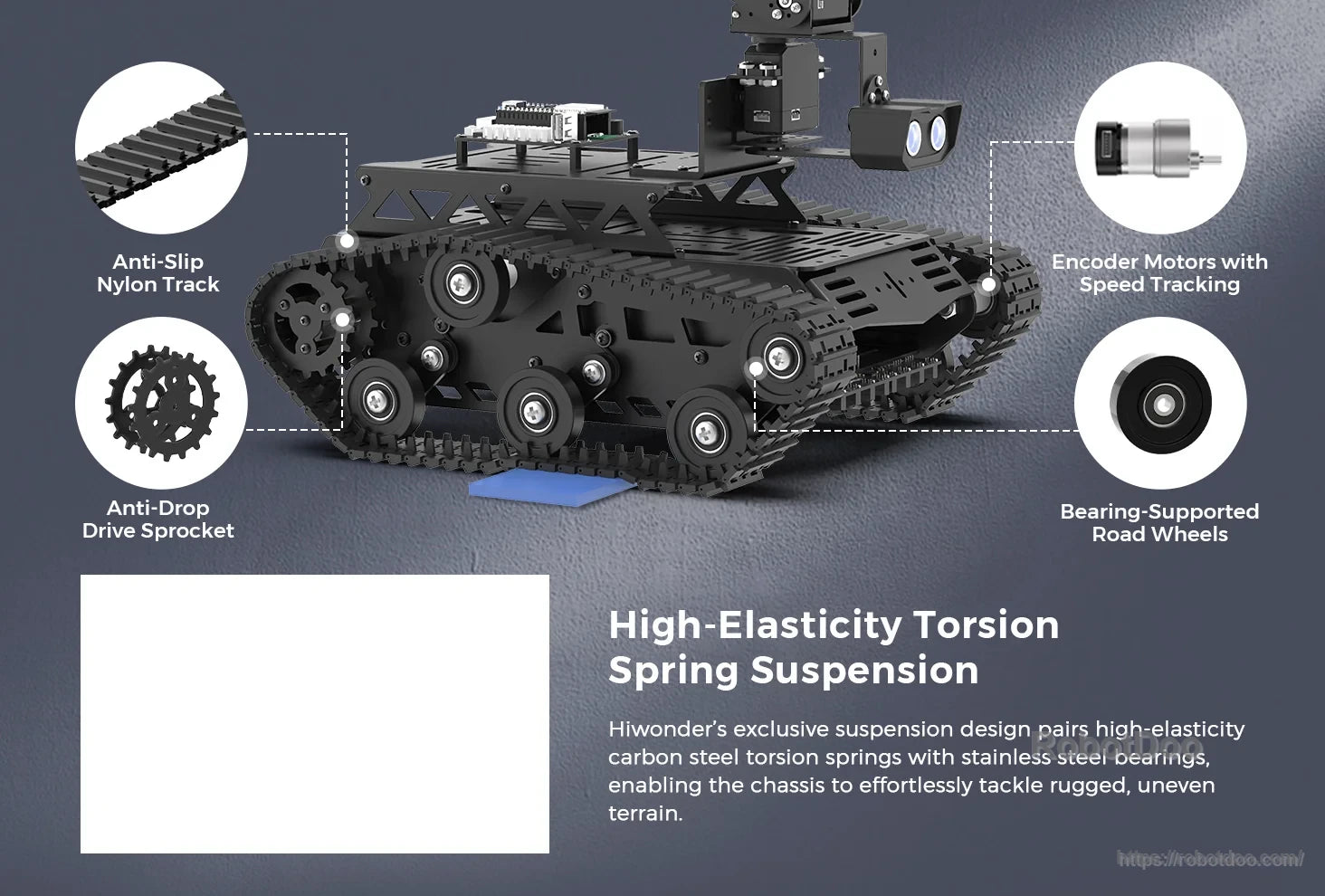 Tankbot tracked suspension with nylon tracks, encoder motors, sprockets, and road wheels