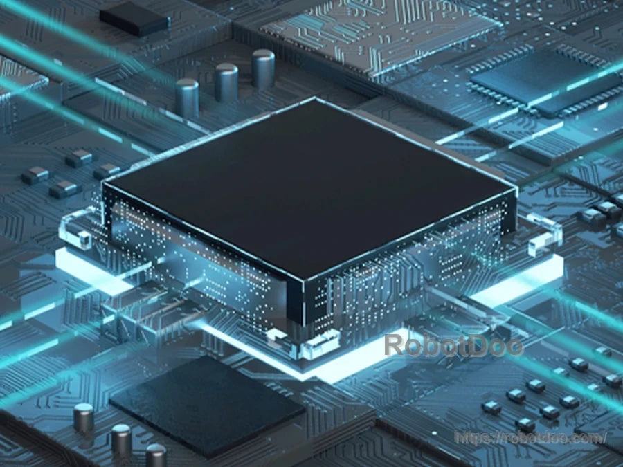 Stylized black microchip module on a glowing circuit board for Hiwonder Tankbot ESP32-S3 AI tank robot