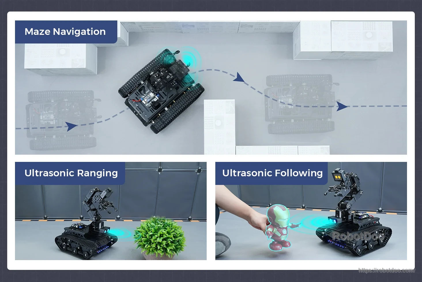 Hiwonder Tankbot ESP32-S3 AI tank robot demonstrating maze navigation, ultrasonic ranging, and object following