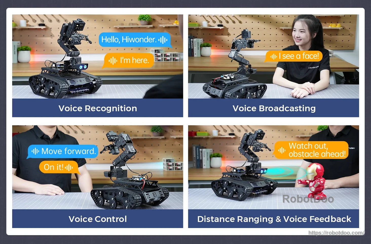 Hiwonder Tankbot ESP32-S3 AI tracked robot demonstrating voice recognition, voice control, and distance feedback