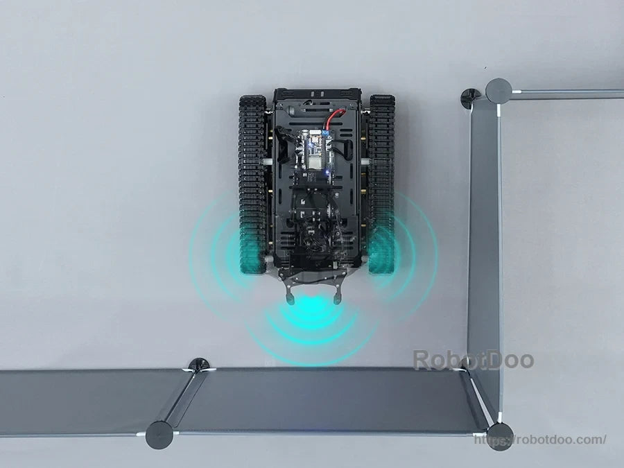 Hiwonder Tankbot ESP32-S3 AI tank robot with tracked drive and front-facing turquoise sensor graphic