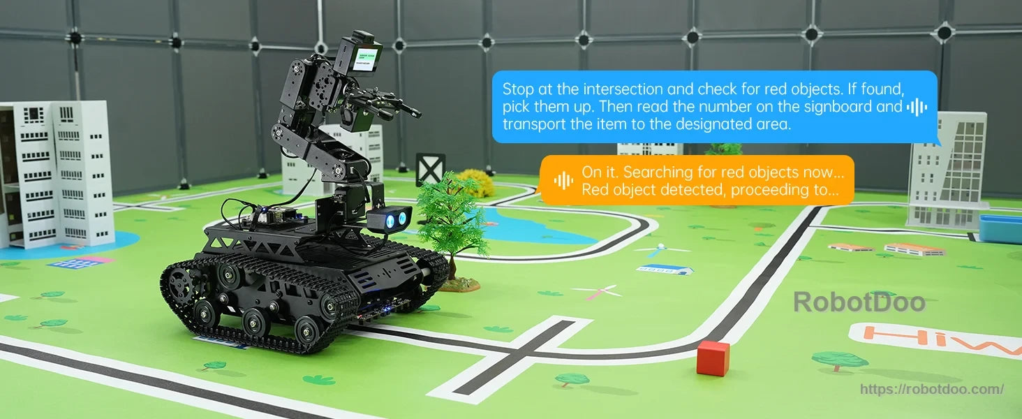 Tankbot robot car performing a visual search task on a miniature road course
