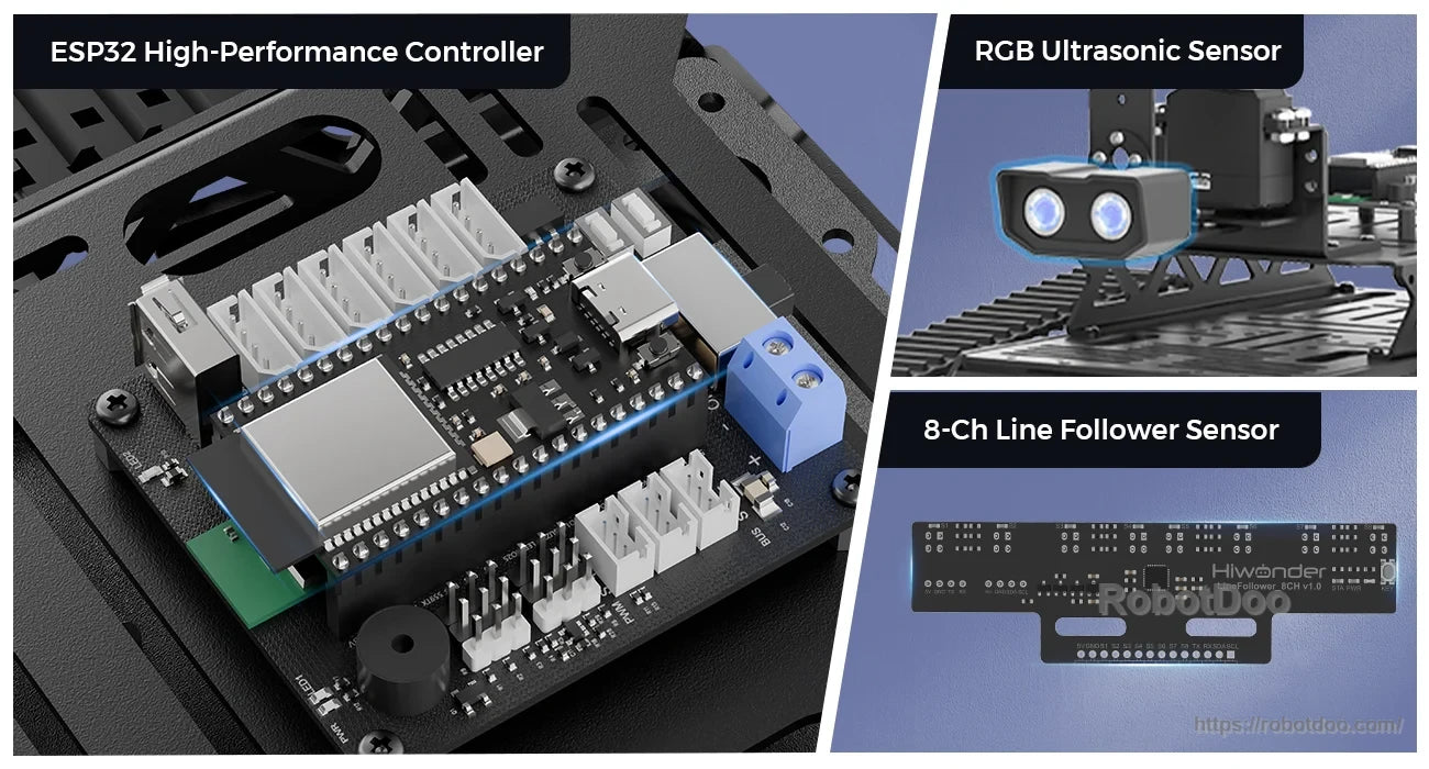 ESP32-S3 controller board with RGB ultrasonic sensor and 8-channel line follower