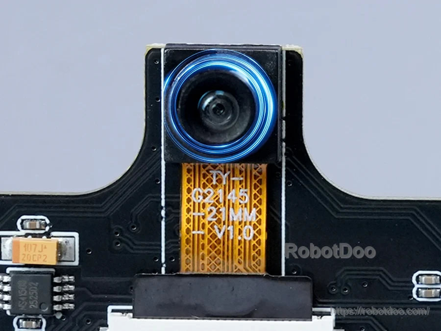 Close-up of Tankbot 2MP HD camera module and ribbon cable connection