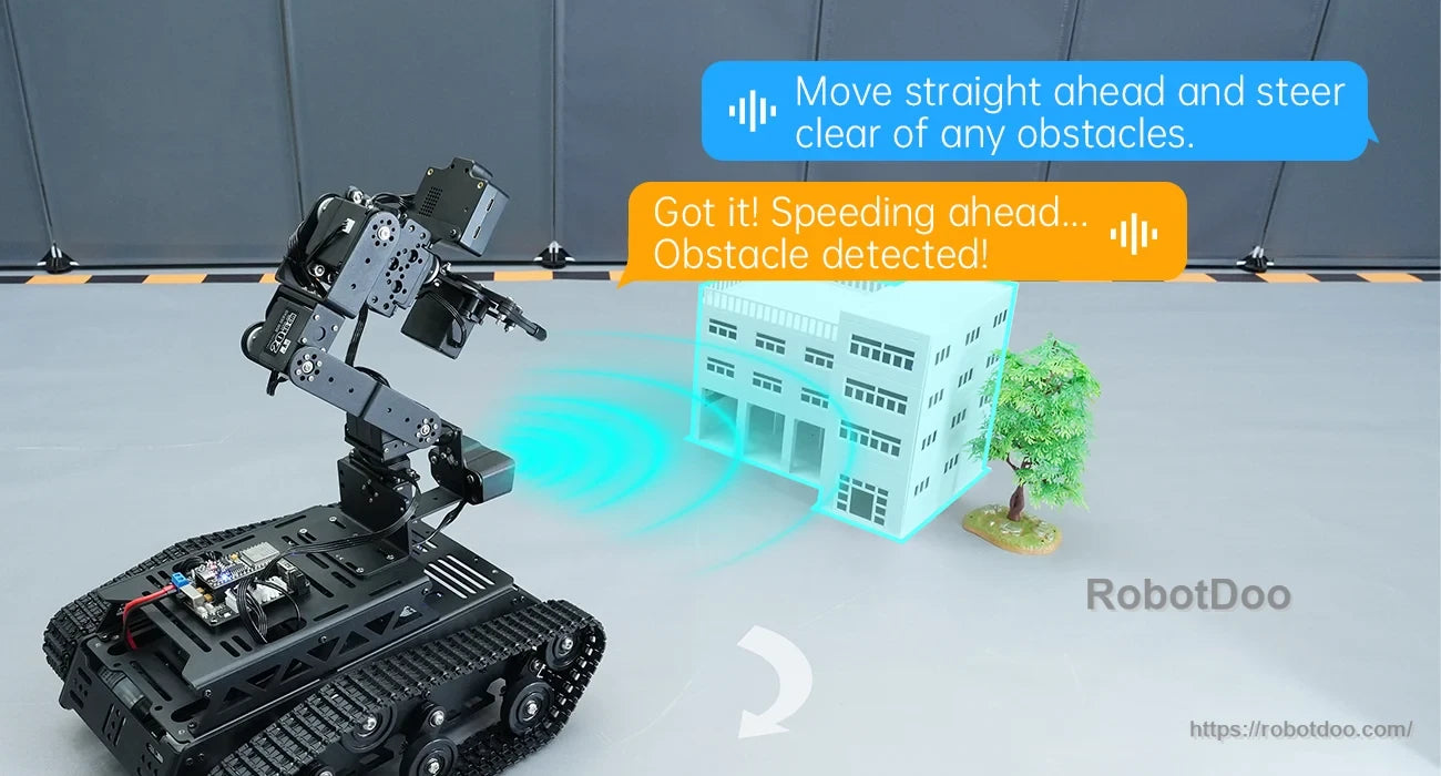 Tankbot navigating toward a model building while detecting obstacles ahead