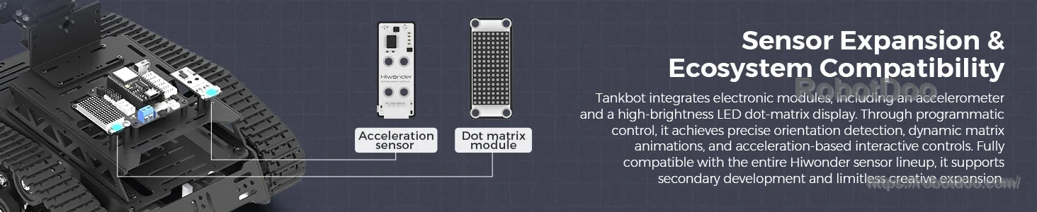 Hiwonder Tankbot ESP32-S3 AI tank robot with tracked chassis and compatible acceleration and dot-matrix modules