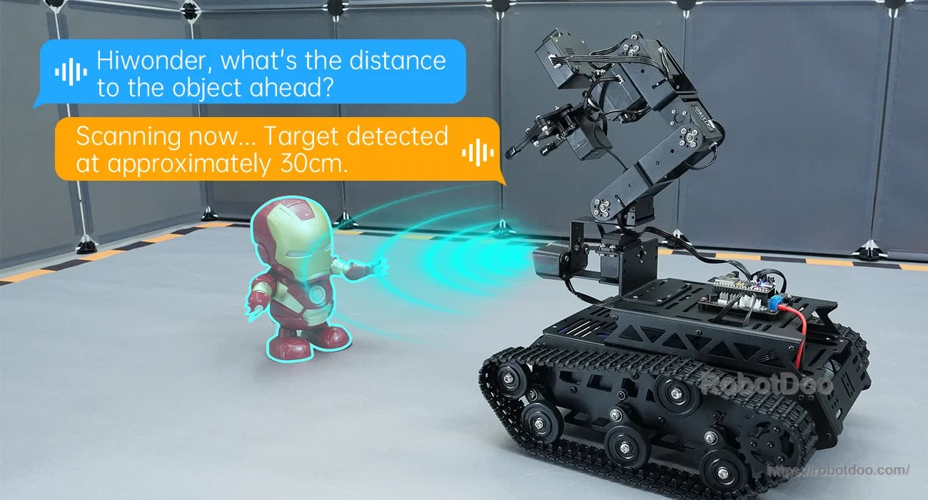 Tankbot measuring distance to a target with its RGB ultrasonic sensor