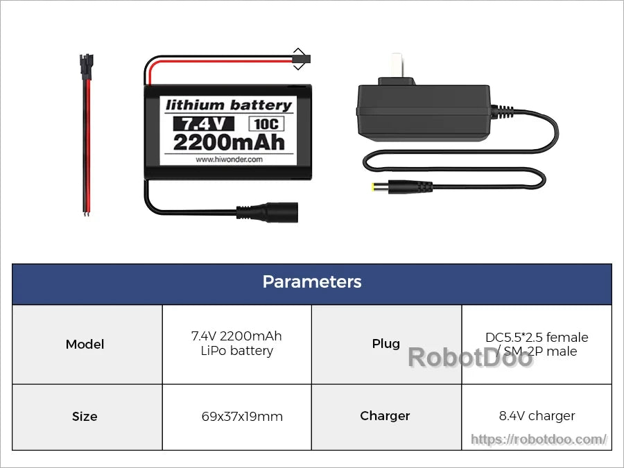 Hiwonder Tankbot 7.4V 2200mAh LiPo battery with 8.4V charger and DC 5.5×2.5mm female plug