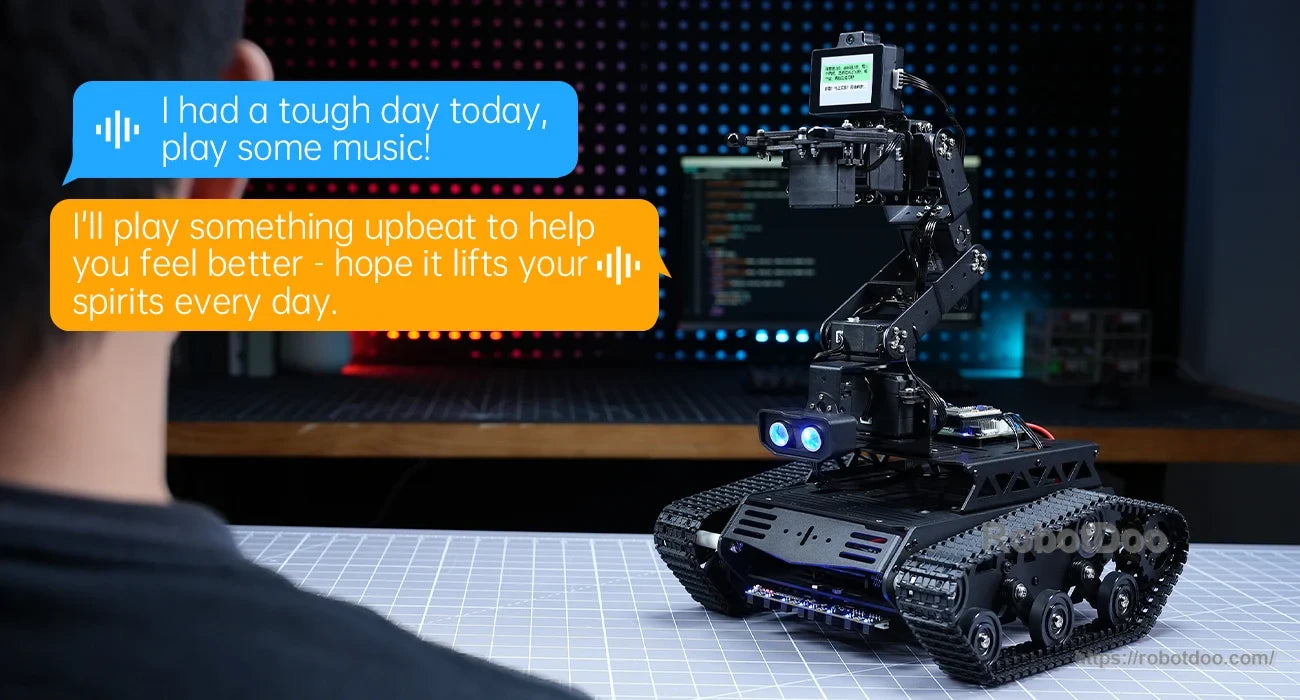 Tankbot voice interaction example with a user and music playback response