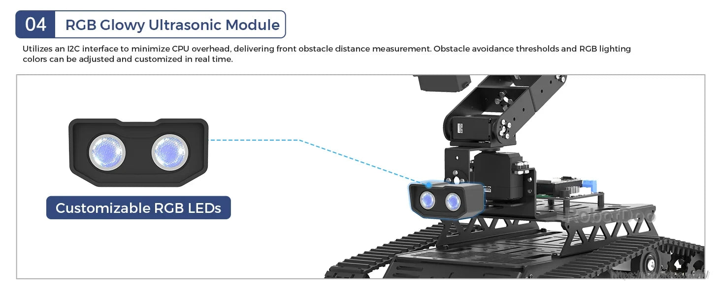 Hiwonder Tankbot ESP32-S3 AI tank robot with front-mounted RGB ultrasonic obstacle detection module