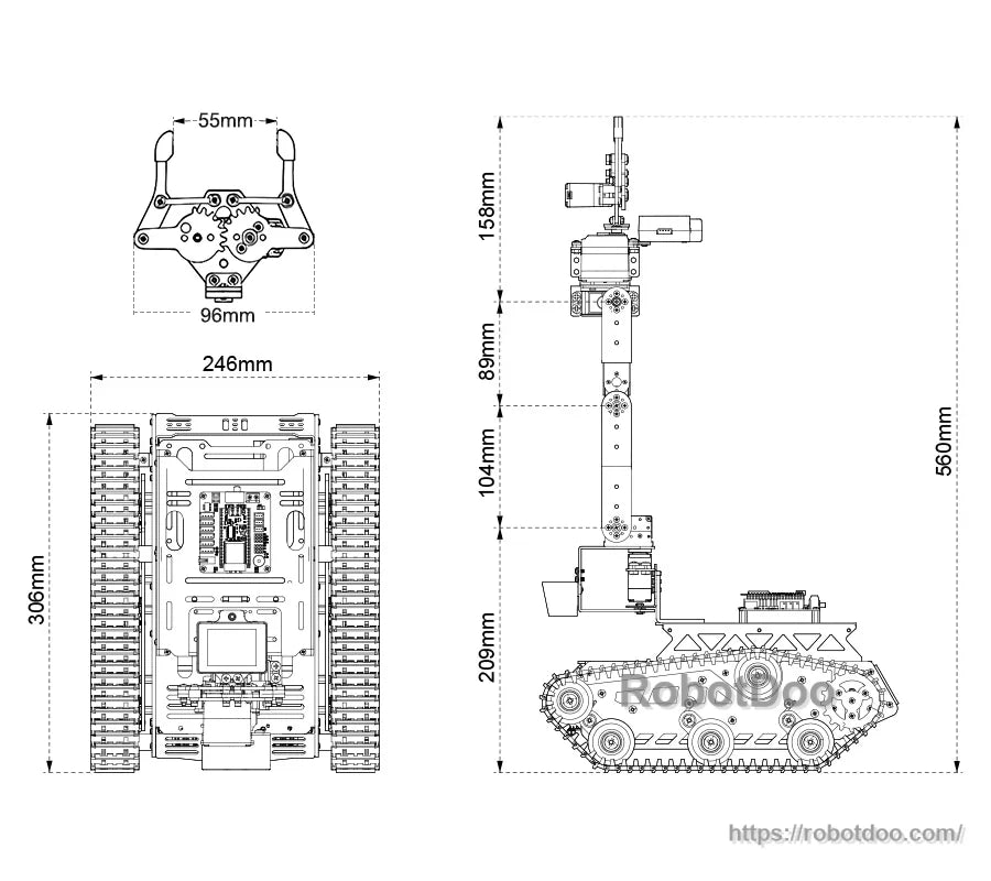 Hiwonder Tankbot ESP32-S3 AI tank robot dimension drawing with tracked chassis and 560 mm raised arm height