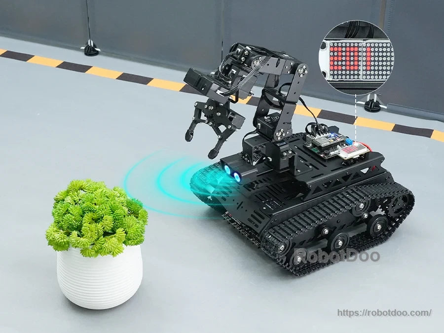 Hiwonder Tankbot ESP32-S3 tracked AI robot with articulated gripper arm, front lights and LED matrix display