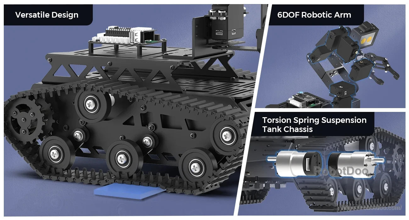 Tracked Tankbot chassis, 6DOF robotic arm, and torsion-spring suspension details