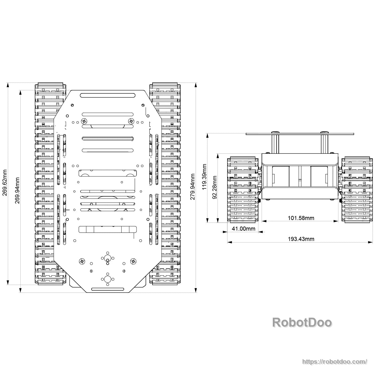 Chassis dimension drawing with overall length, width, and height measurements for installation planning