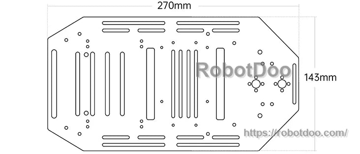 Chassis plate dimension drawing showing 270mm length and 143mm width with slotted mounting holes