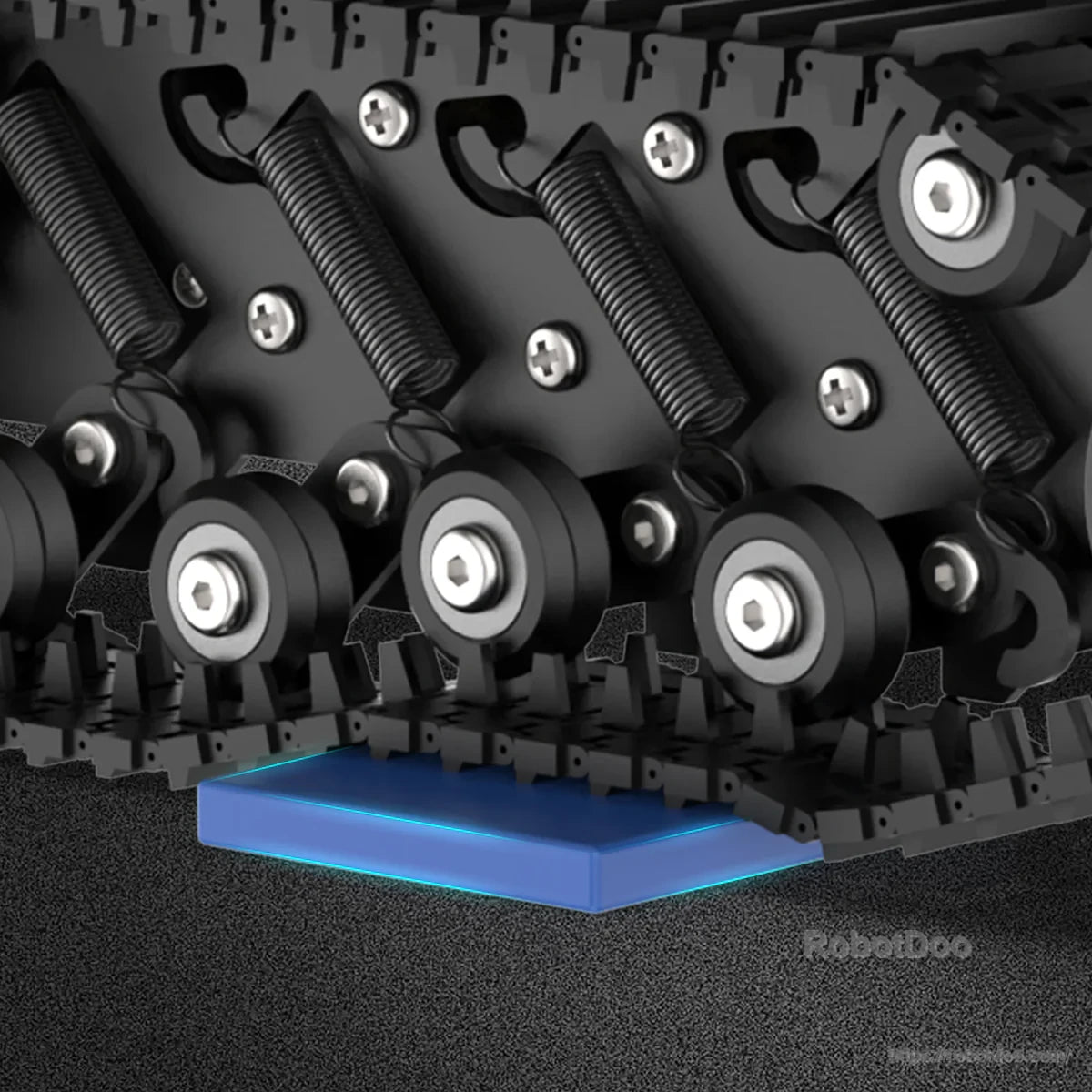 Close-up of carbon steel spring suspension and multiple road wheels for shock absorption on tracked chassis