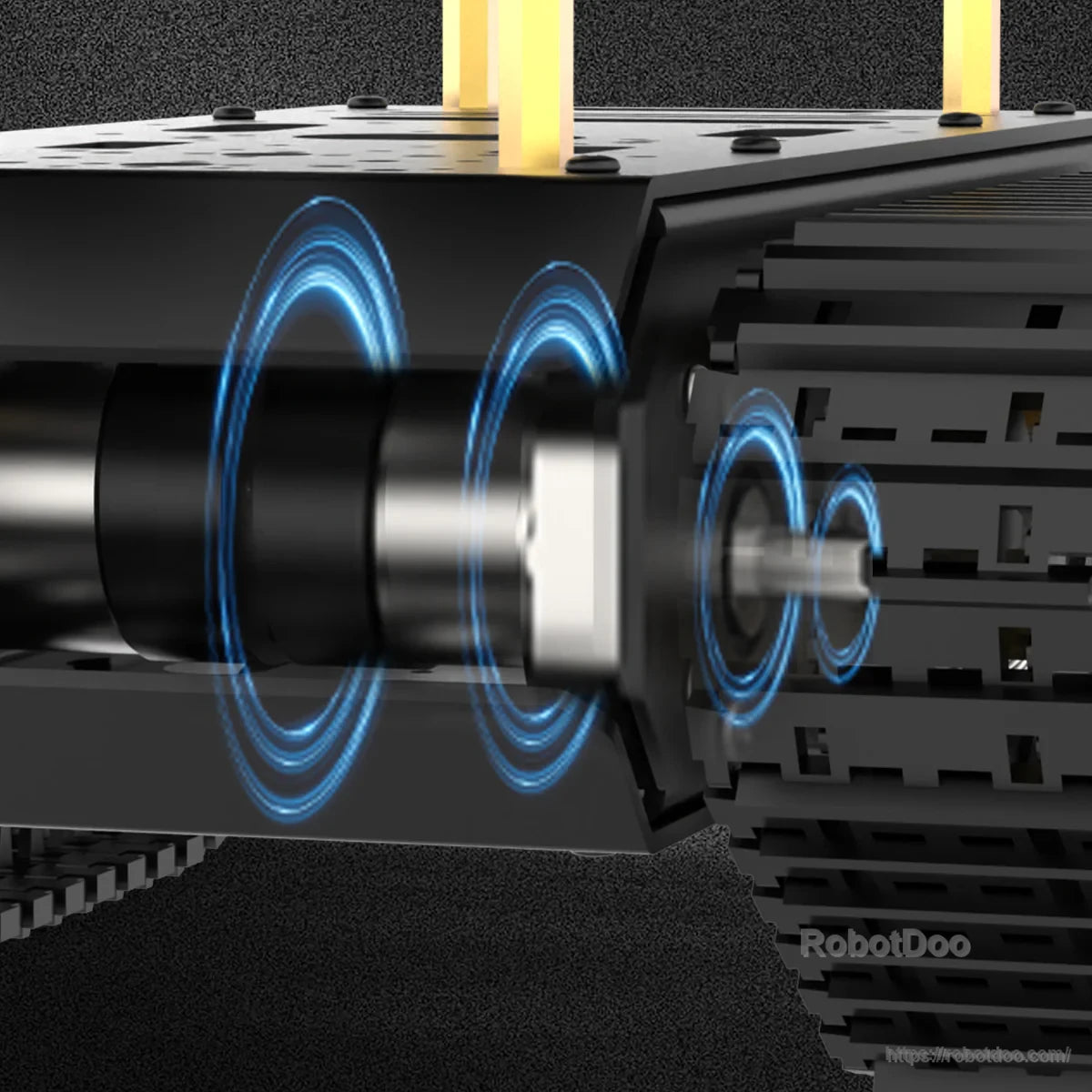Drive shaft and internal transmission detail for the tracked chassis motor output to the track sprocket