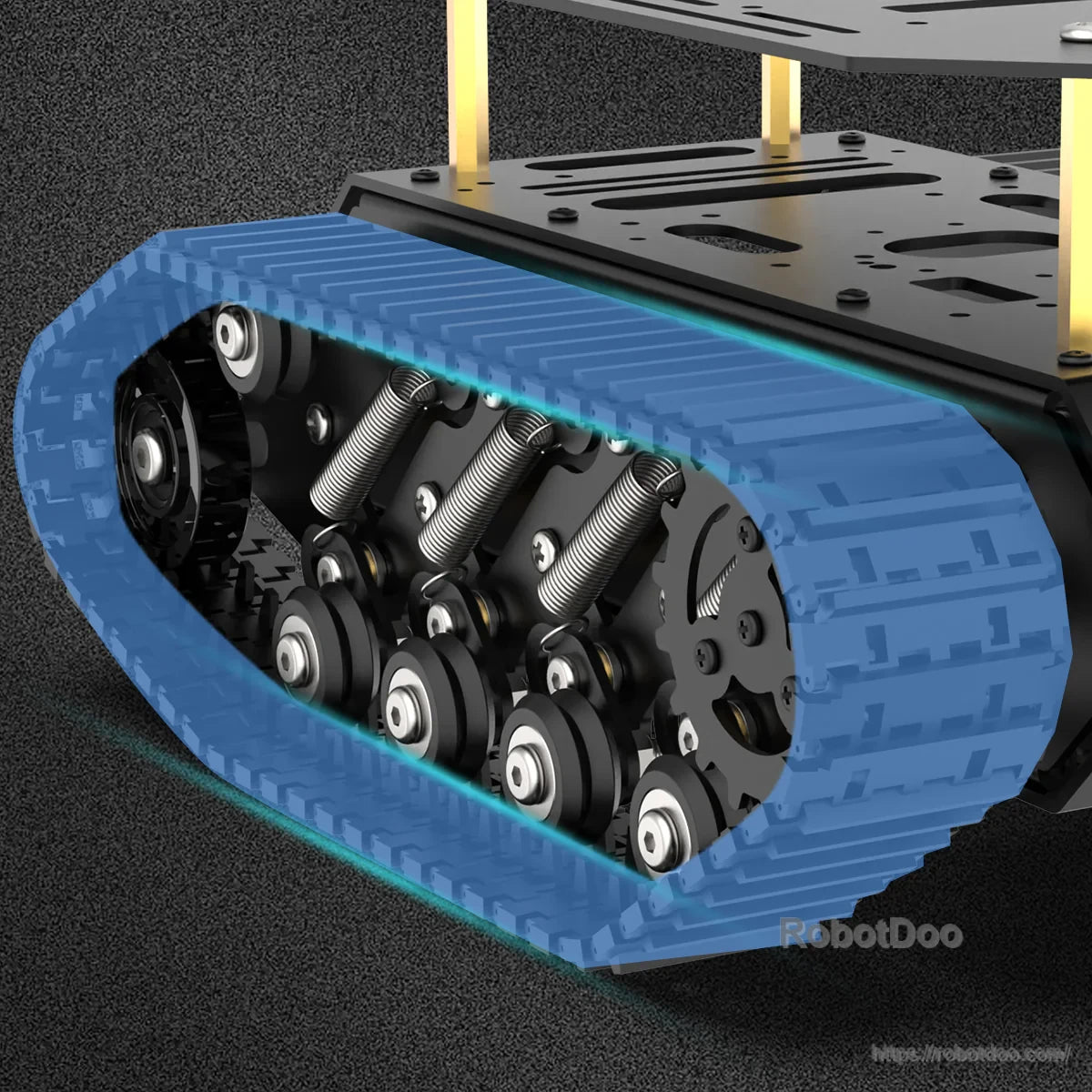 Track assembly cutaway highlighting dense tread pattern and suspended wheel set for all-terrain grip