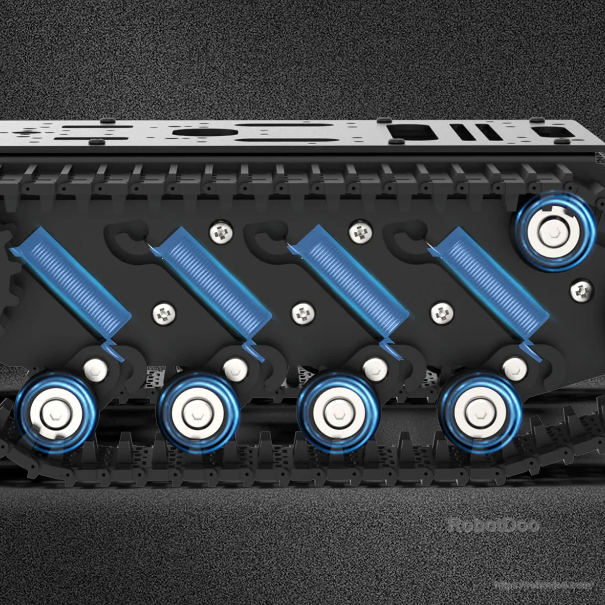 Side view of tracked chassis suspension arms and rolling wheels under the full-metal top plate