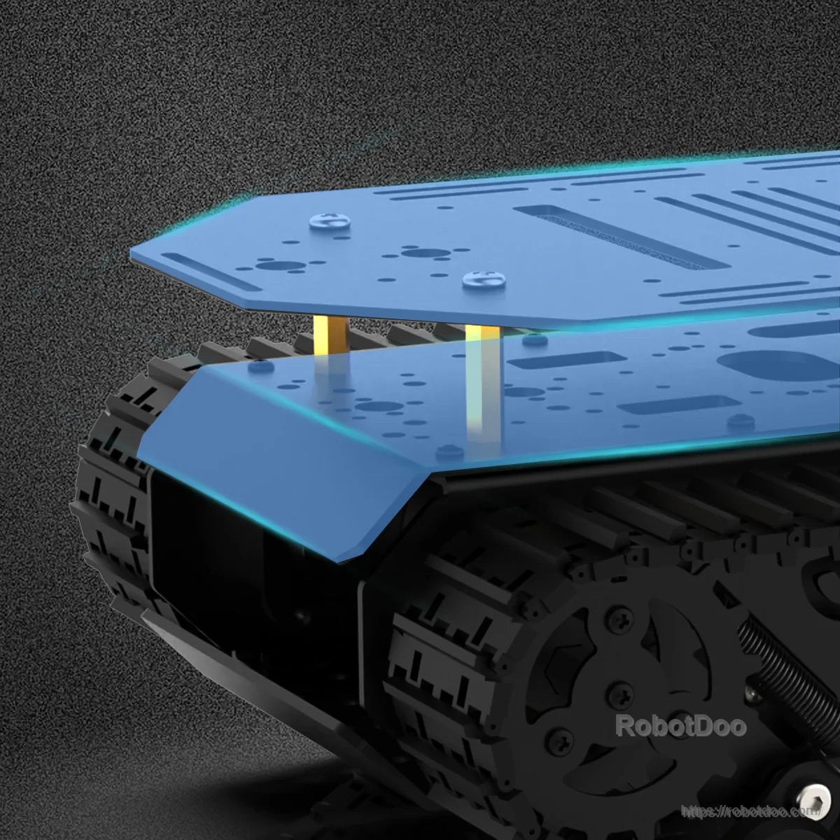 Angled view of top expansion plate with multiple mounting slots for DIY robot controllers and sensors