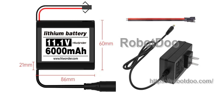 11.1V 6000mAh lithium battery size reference with charger and lead cables for the chassis power setup