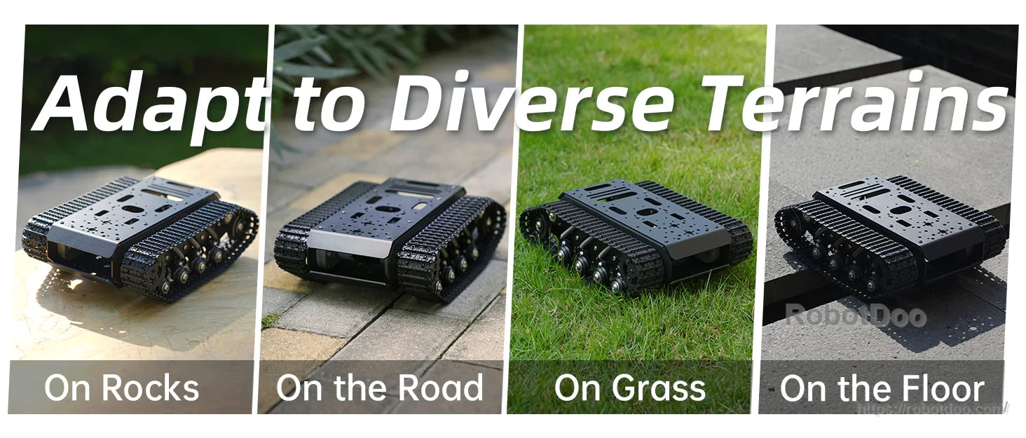 All-terrain examples for the suspended tracked chassis on rocks, road, grass, and smooth floor