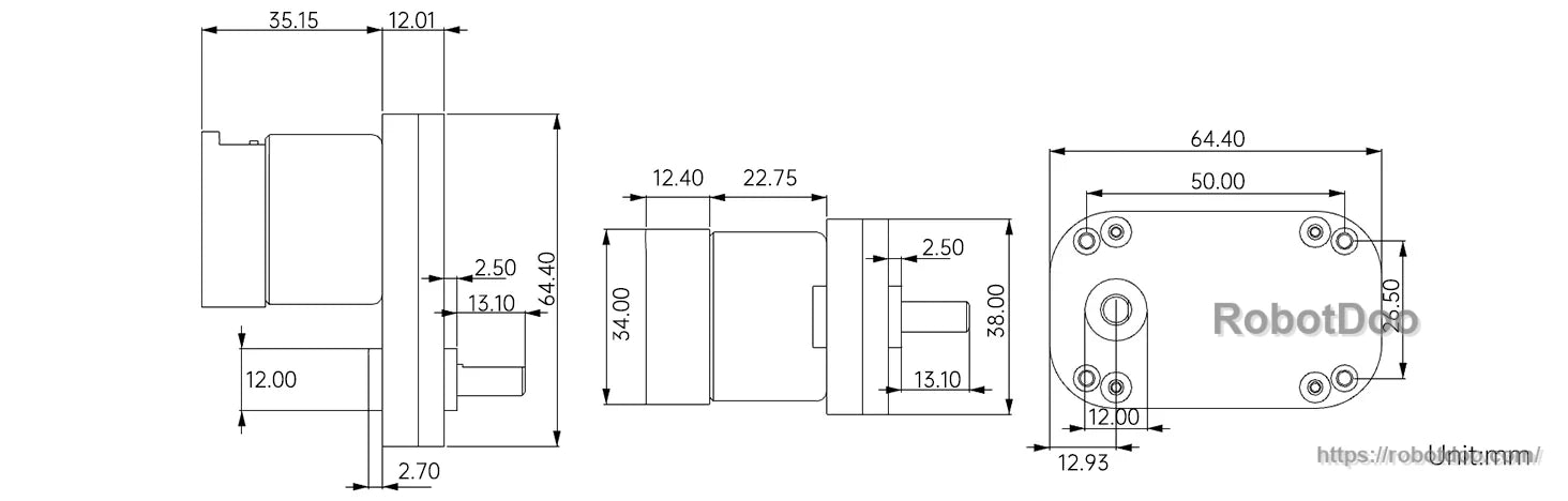 Motor outline dimension drawing for the 12V encoder DC gear motor housing and mounting hole spacing