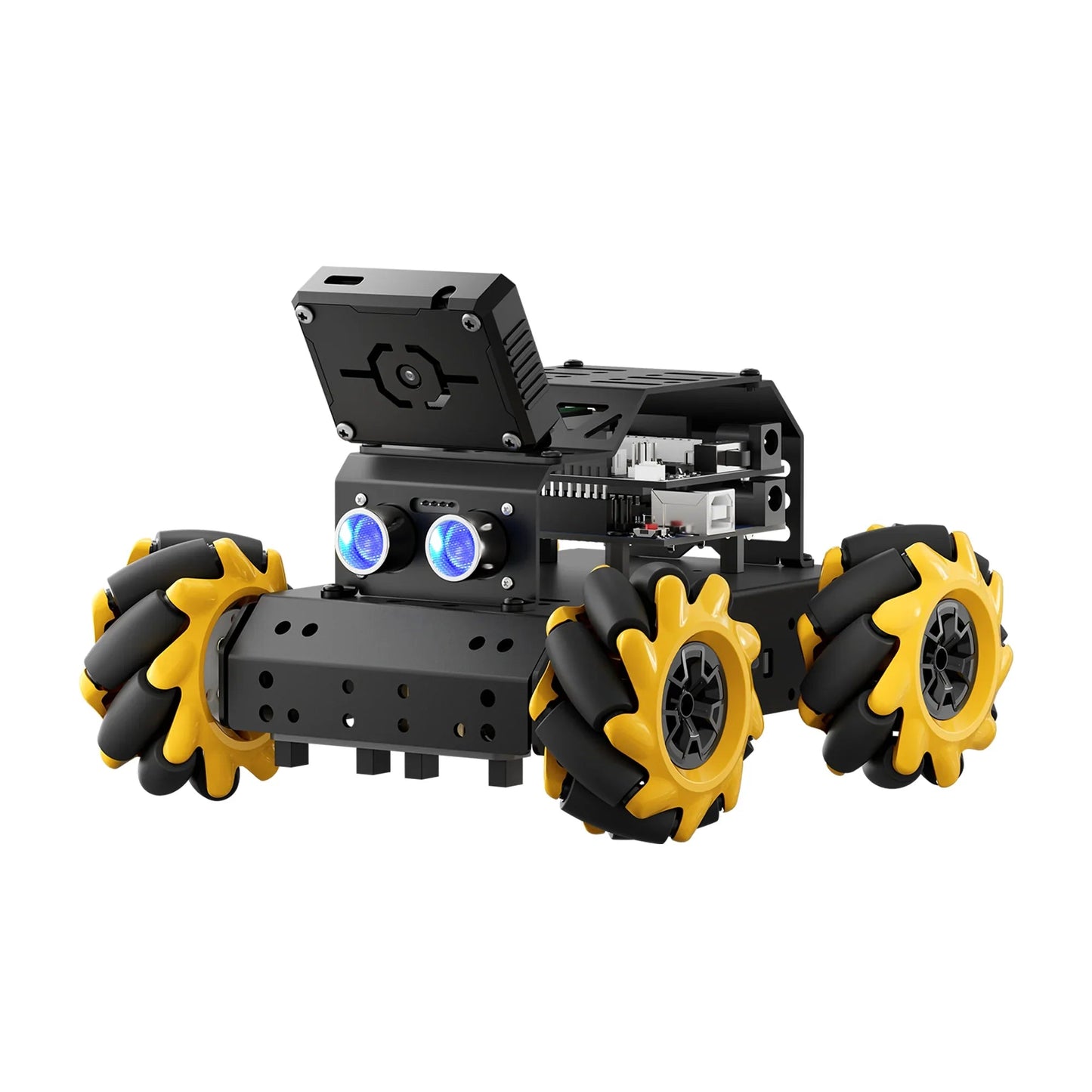 Hiwonder miniAuto AI Vision Robot front three-quarter view with mecanum wheels and camera module