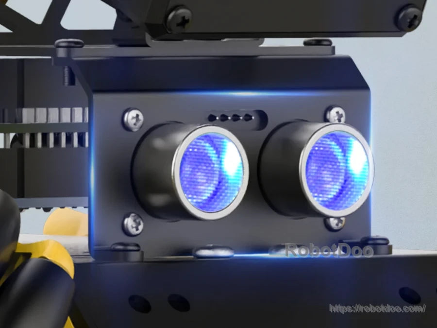 Close-up of the miniAuto Glowy ultrasonic ranging sensor with blue light