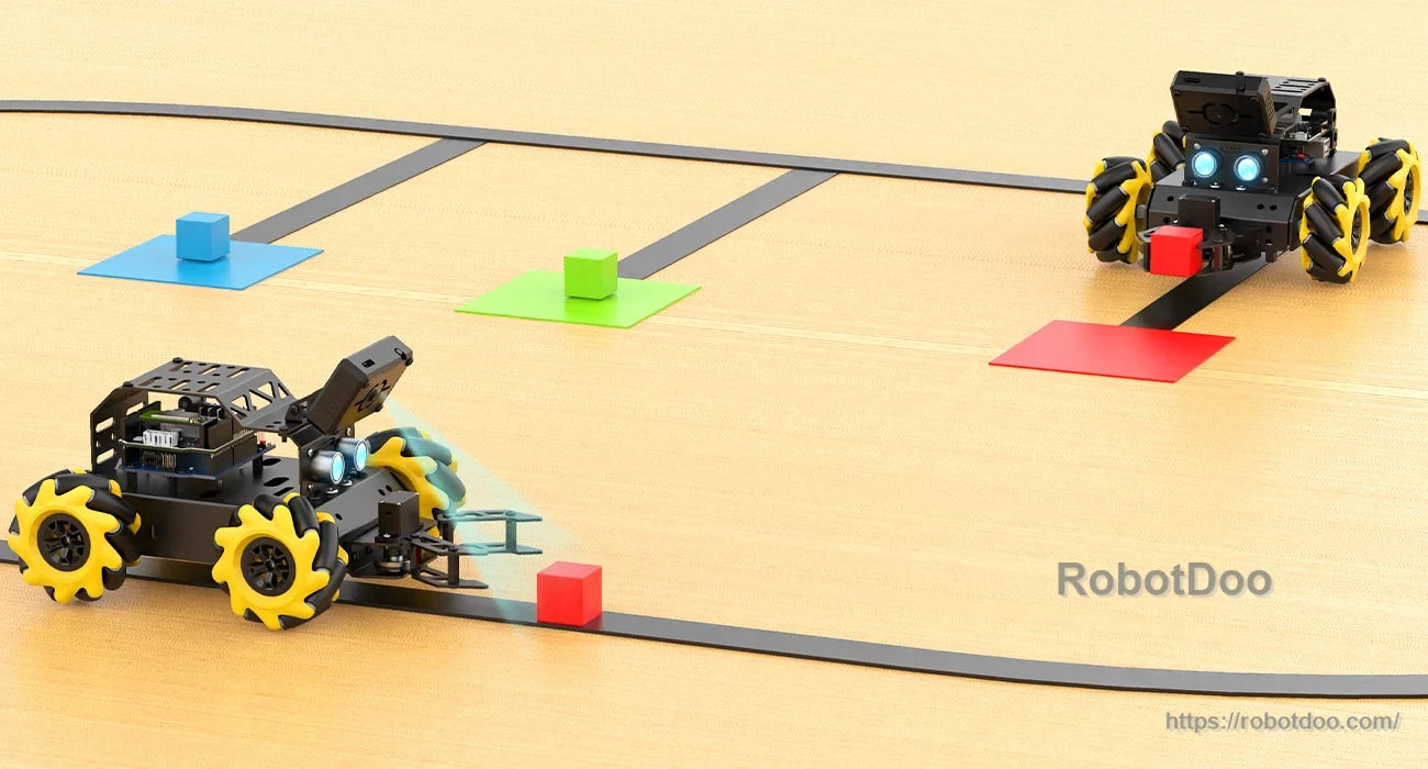 Hiwonder miniAuto AI vision robot cars navigating a black line track with colored blocks